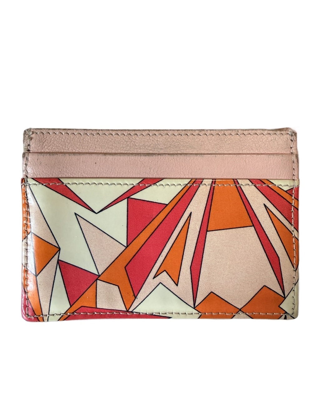 Emilio Pucci Geometric Print Leather Card Holder in Pink and Orange